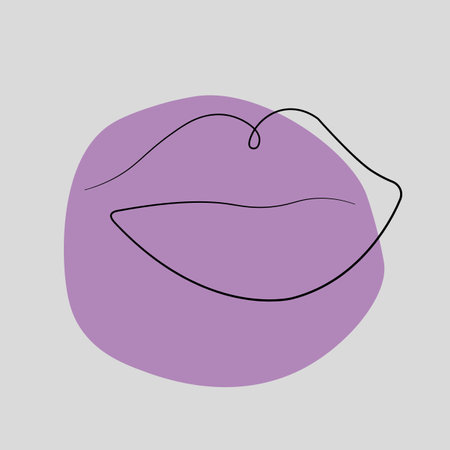 Lips icon on purple background. Vector lips in one line. Mouth contour symbol. vector illustration.の写真素材