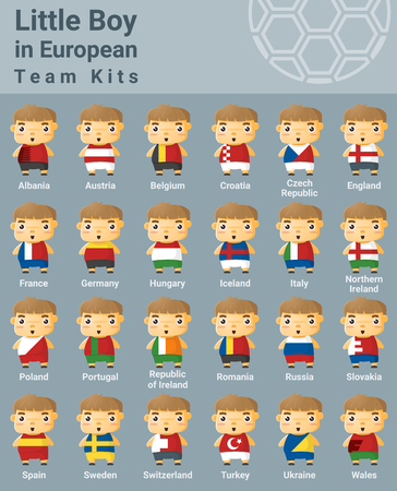 Set of kids in European sport team kitsのイラスト素材
