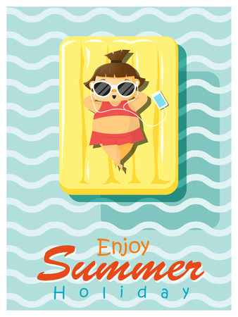 Enjoy tropical summer holiday with little girl, vector, illustrationのイラスト素材