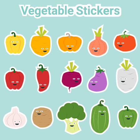 Set of funny vegetable stickers , vector, illustrationのイラスト素材