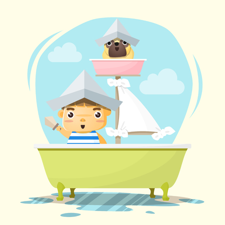 Little boy captain and friend , vector, illustrationのイラスト素材