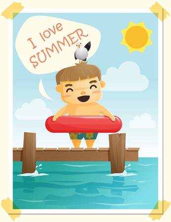 Enjoy tropical summer holiday with little boy , vector, illustrationのイラスト素材