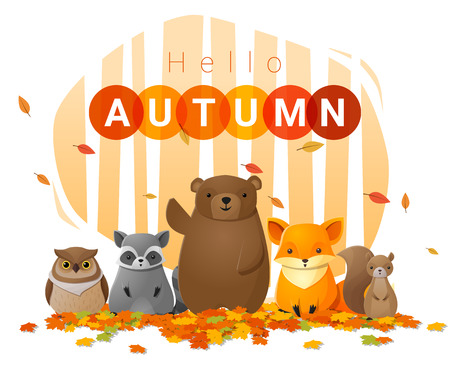 Hello autumn background with wild animals , vector , illustrationのイラスト素材