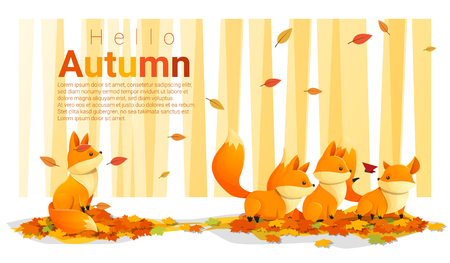 Hello autumn background with foxes , vector , illustrationのイラスト素材