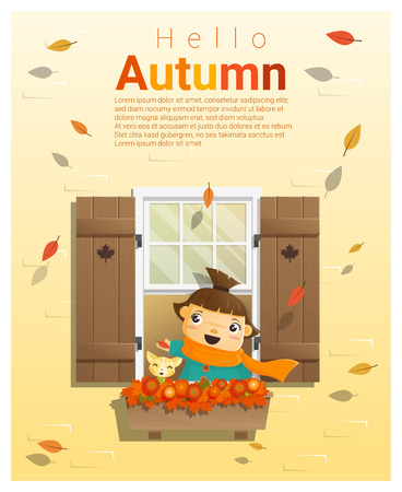Hello autumn background with little girl , vector , illustrationのイラスト素材