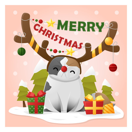 Merry Christmas Greeting Card with cat wearing reindeer costume , vector , illustrationのイラスト素材