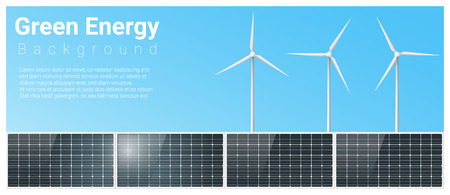 Green energy background with solar panel and wind turbine , vector , illustrationのイラスト素材