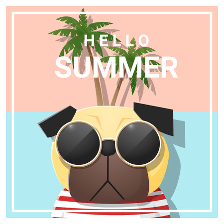 Hello summer background with dog wearing sunglasses , vector , illustrationのイラスト素材