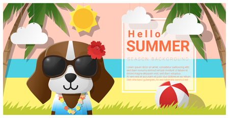 Hello summer background with dog wearing sunglasses.のイラスト素材