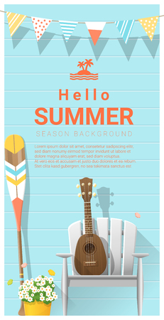 Hello summer background with ukulele on white chair and canoe paddleのイラスト素材