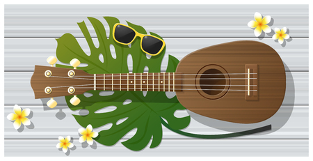 Hello summer pattern with ukulele on wooden board , vector , illustrationのイラスト素材