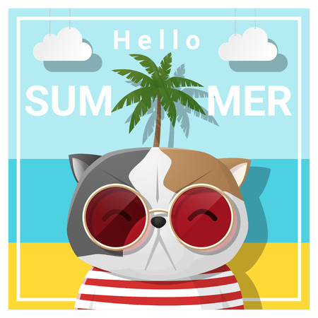 Hello summer with cat wearing sunglasses , vector , illustrationのイラスト素材