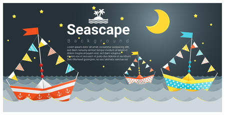 Seascape background with Colorful paper ship , vector , illustrationのイラスト素材