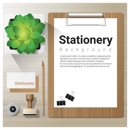 Stationery background with office equipment on wooden table , vector , illustrationのイラスト素材