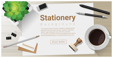 Stationery background with office equipment on wooden table , vector , illustrationのイラスト素材