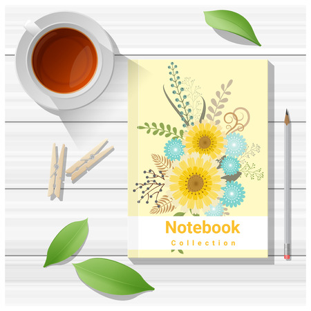 Summer scene with colorful notebook on wooden table background , vector , illustrationのイラスト素材