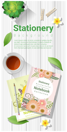 Summer scene with colorful notebooks on wooden table background , vector , illustrationのイラスト素材