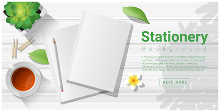 Summer scene with blank notebooks on wooden table background , vector , illustrationのイラスト素材