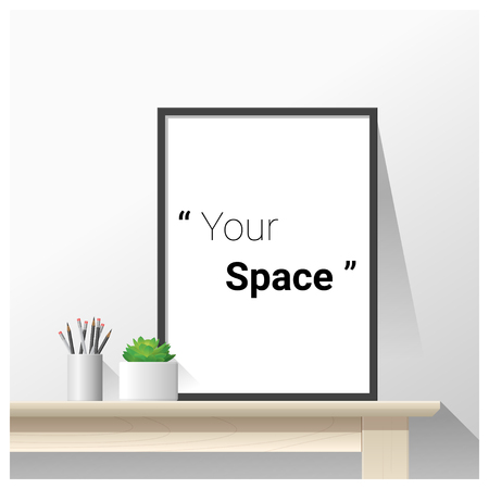 Interior poster mock up with empty frame on wooden table , vector , illustrationのイラスト素材