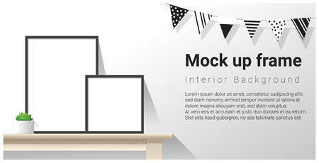 Interior poster mock up with empty frames on wooden table , vector , illustrationのイラスト素材