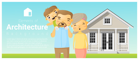 Happy family standing outside their house background , vector , illustration.のイラスト素材