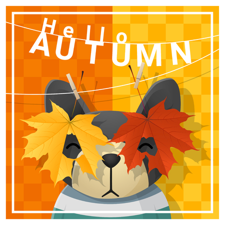 Hello autumn background with happy dog , vector , illustrationのイラスト素材