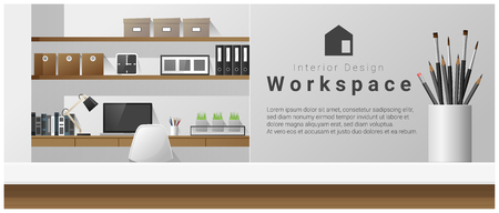 Interior design with table top and Modern office workplace.のイラスト素材