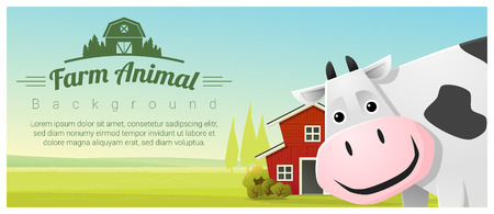 Farm animal and Rural landscape background with cow , vector , illustrationのイラスト素材