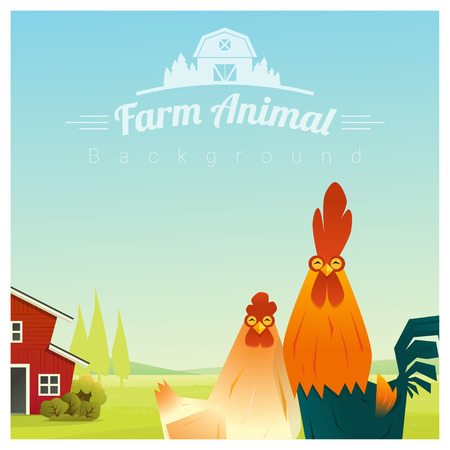 Farm animal and Rural landscape background with chicken , vector , illustrationのイラスト素材