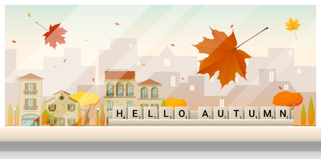 Letters spelling hello autumn on wooden table topのイラスト素材