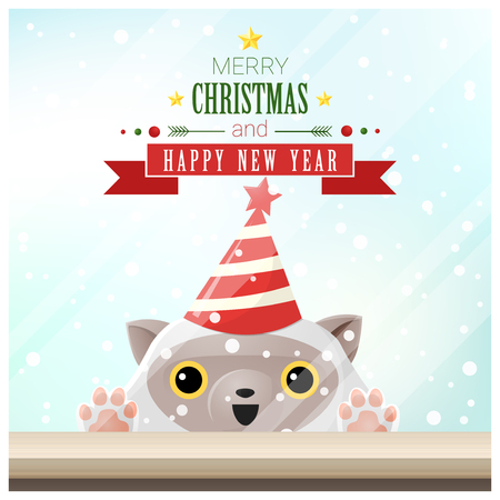 Merry Christmas and Happy New Year background with cat standing behind window , vector , illustrationのイラスト素材