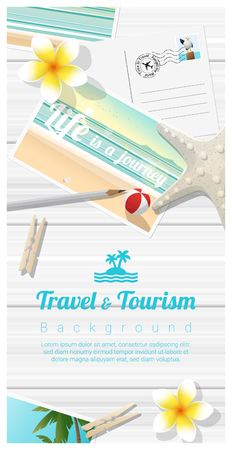 Travel and tourism background with tropical beach postcards on wooden board , vector , illustrationのイラスト素材