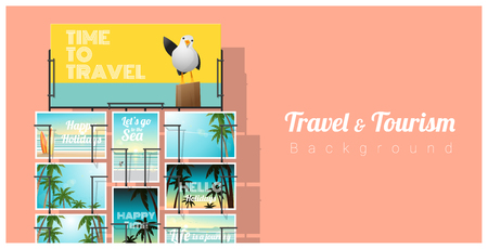 Travel and tourism , tropical sea postcards displayed on colorful background , vector , illustrationのイラスト素材