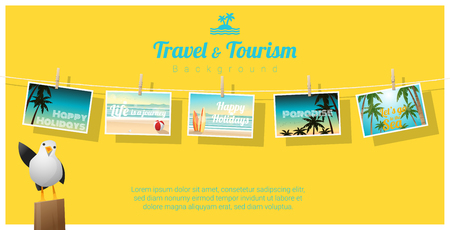 Travel and tourism, tropical sea postcards displayed on colorful background, vector, illustrationのイラスト素材