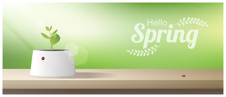 Hello Spring background with young sprout growing in a pot on wooden table top, vector, illustration.のイラスト素材