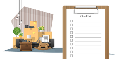 Moving home concept with survey clipboard and pile of furniture background , vector , illustrationのイラスト素材