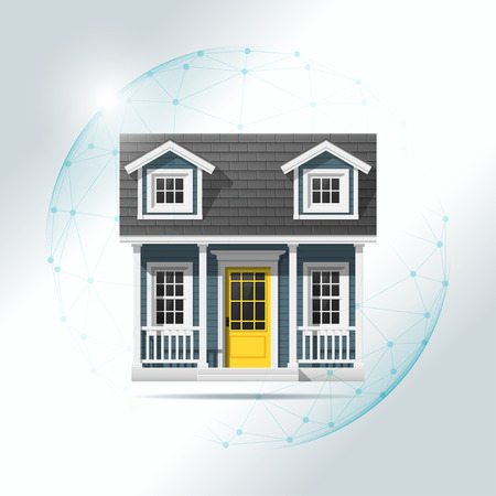 Property insurance concept with small house protected in polygonal sphere shield , vector , illustrationのイラスト素材
