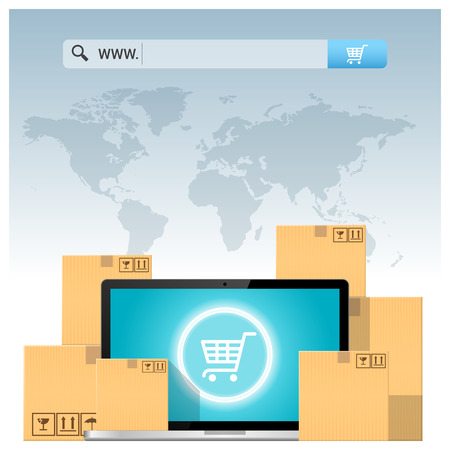 E-commerce concept with address bar above cardboard boxes and computer laptop Vector illustration.のイラスト素材