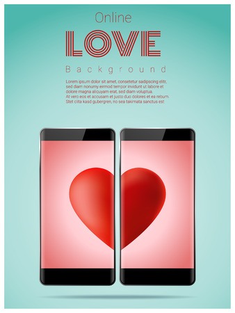 Online dating concept Love has no boundaries with two smartphones matching red heart on screen , vector , illustrationのイラスト素材