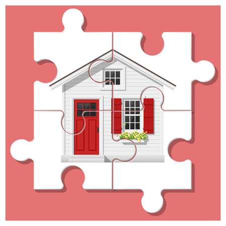 Dream house concept with completed puzzle house on colorful background , vector illustration.のイラスト素材
