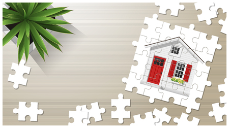 A Dream house concept with puzzle house on wooden board background  vector  illustrationのイラスト素材