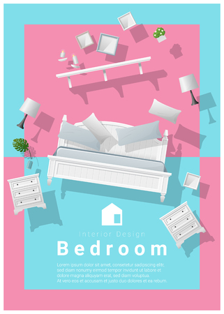 Vertical interior banner sale with bedroom furniture hovering on colorful background , vector , illustration