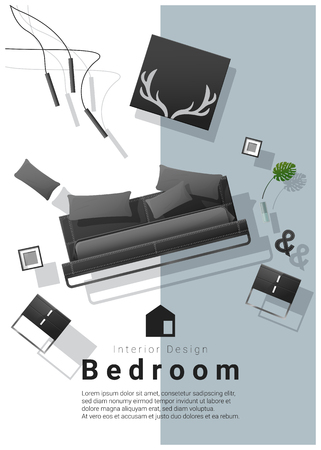 Vertical interior banner sale with bedroom furniture hovering on colorful background , vector , illustration