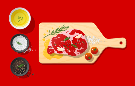 Raw meat , beef steak and seasoning on cutting board , food preparation on red background , vector , illustrationのイラスト素材