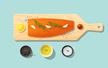 Fresh raw salmon fish and spices on wooden cutting board, food preparation. Vector illustrationのイラスト素材