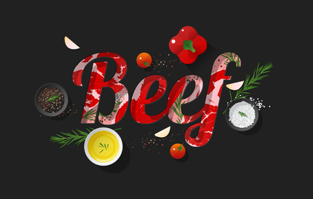 Word beef design decorated with fresh raw beef and spices on dark background. Vector illustrationのイラスト素材