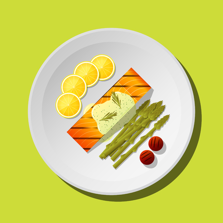 Grilled salmon steak with vegetables and spices served on plate. Vector illustrationのイラスト素材