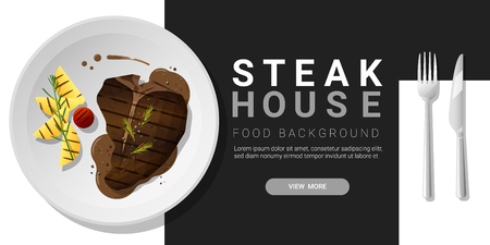 Grilled beef, t-bone steak and spices served on plate, food background. Vector illustrationのイラスト素材