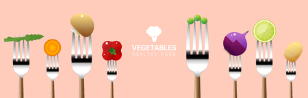 Vegetables on forks isolated on colorful background , healthy food concept , vector , illustrationのイラスト素材