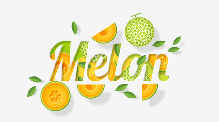 Word melon design decorated with melon fruits and leaves in paper art style , vector , illustrationのイラスト素材